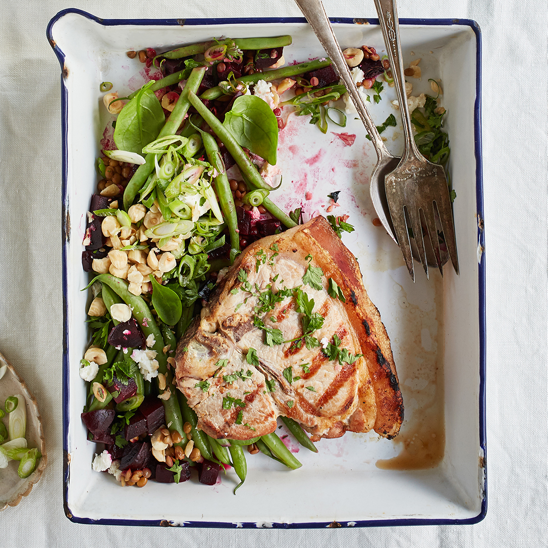 Pork chops and beetroot lentil salad