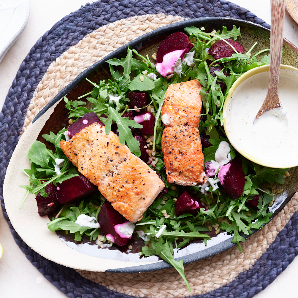 Warm salmon, beetroot & freekeh salad